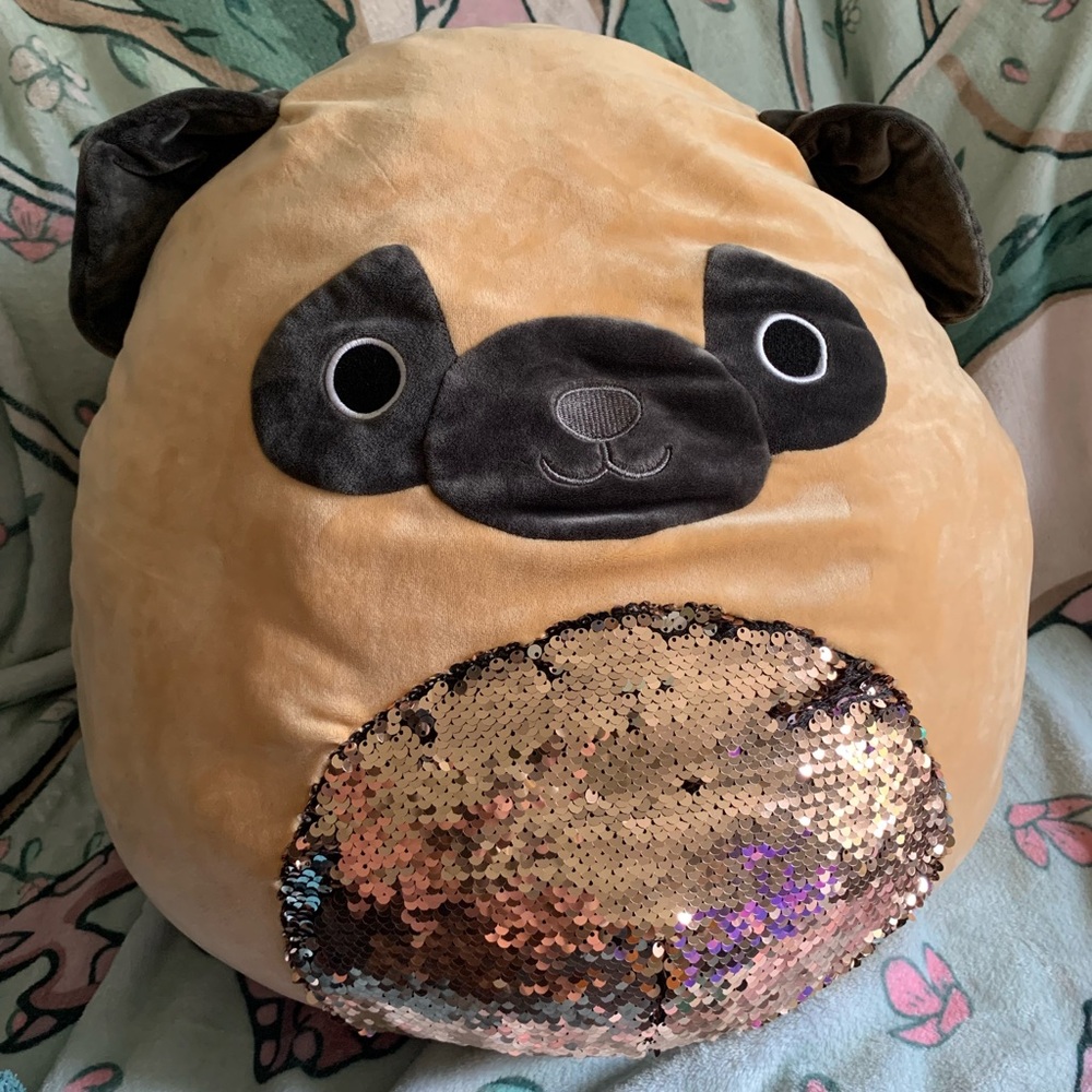 Squishmallow Prince the pug dog with sequin belly